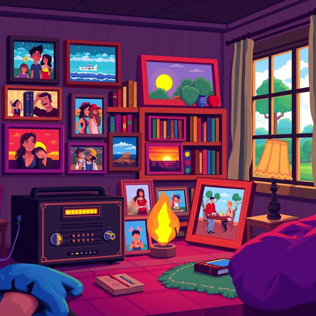 A vibrant and nostalgic pixel art scene showcasing a collection of memories