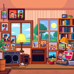 A vibrant and nostalgic pixel art scene showcasing a collection of memories