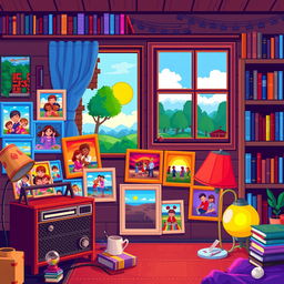 A vibrant and nostalgic pixel art scene showcasing a collection of memories