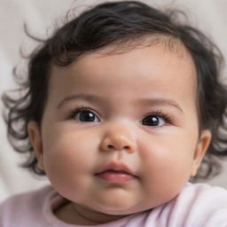 Update the previous baby image having black wavy hair, a small pointed nose, big brown eyes with long lashes, and chubby cheeks for a vividly detailed portrayal.