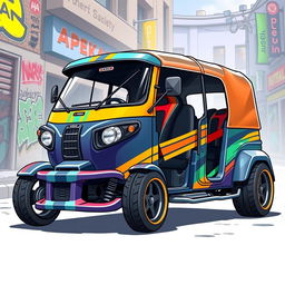 A creative and vibrant illustration of a body-modified ape super diesel tuk-tuk, showcasing its sporty features