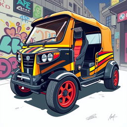 A creative and vibrant illustration of a body-modified ape super diesel tuk-tuk, showcasing its sporty features