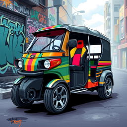 A creative and vibrant illustration of a body-modified ape super diesel tuk-tuk, showcasing its sporty features