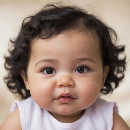 Update the previous baby image having black wavy hair, a small pointed nose, big brown eyes with long lashes, and chubby cheeks for a vividly detailed portrayal.