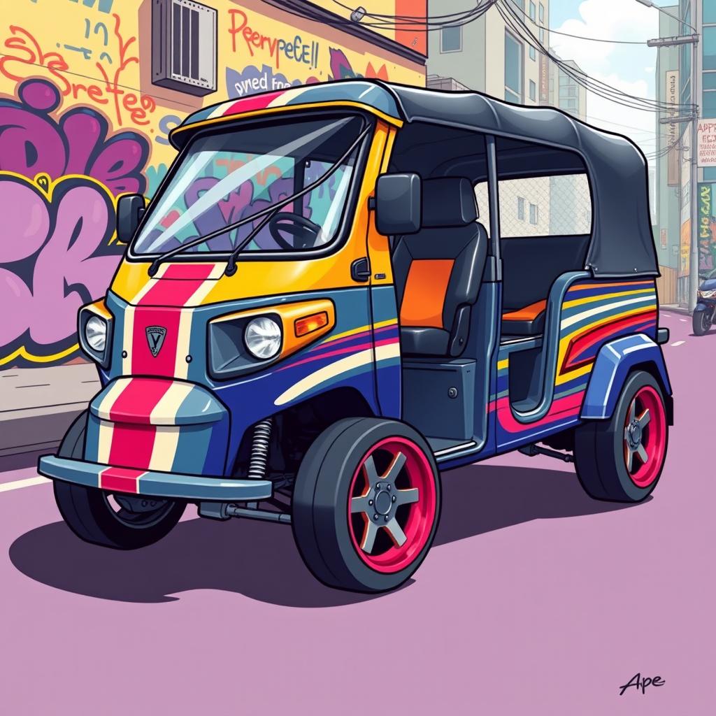 A creative and vibrant illustration of a body-modified ape super diesel tuk-tuk, showcasing its sporty features