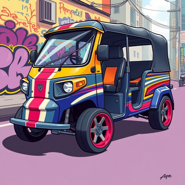 A creative and vibrant illustration of a body-modified ape super diesel tuk-tuk, showcasing its sporty features