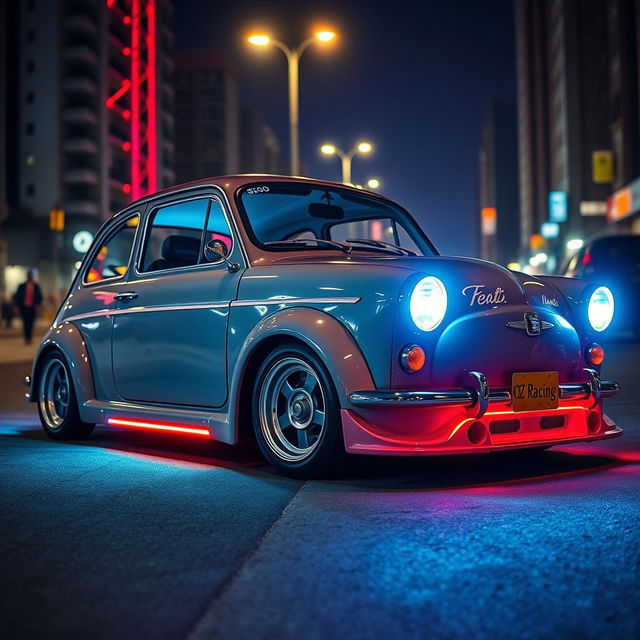 A custom 1950s Seat 600 car featuring an aggressive bodykit, vibrant LED lights, and sporty competition seats