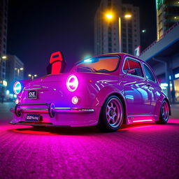 A custom 1950s Seat 600 car featuring an aggressive bodykit, vibrant LED lights, and sporty competition seats