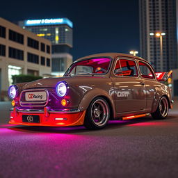 A custom 1950s Seat 600 car featuring an aggressive bodykit, vibrant LED lights, and sporty competition seats