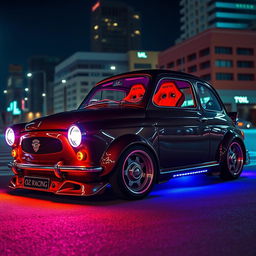 A custom 1950s Seat 600 car featuring an aggressive bodykit, vibrant LED lights, and sporty competition seats