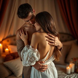 A sensual scene of a couple embracing intimately in a softly lit room, surrounded by luxurious fabrics and warm candlelight