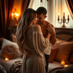 A sensual scene of a couple embracing intimately in a softly lit room, surrounded by luxurious fabrics and warm candlelight