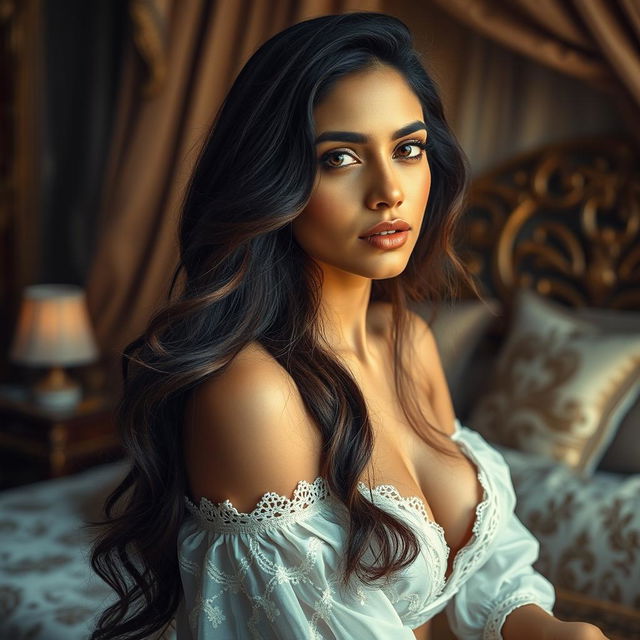 A fine art portrait of a beautiful woman with long hair, reminiscent of Tammanah Bhatia, artistically posed in a lavish setting