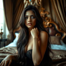 A fine art portrait of a beautiful woman with long hair, reminiscent of Tammanah Bhatia, artistically posed in a lavish setting