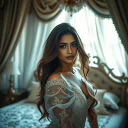 A fine art portrait of a beautiful woman with long hair, reminiscent of Tammanah Bhatia, artistically posed in a lavish setting