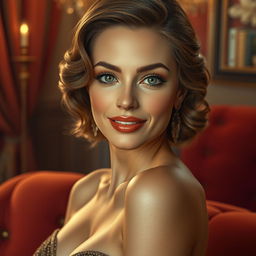 A highly detailed, artistic representation of a glamorous and confident woman with beautiful features reminiscent of a smiling actress, softly illuminated by warm lighting, showcasing an aura of elegance and allure in a luxurious environment