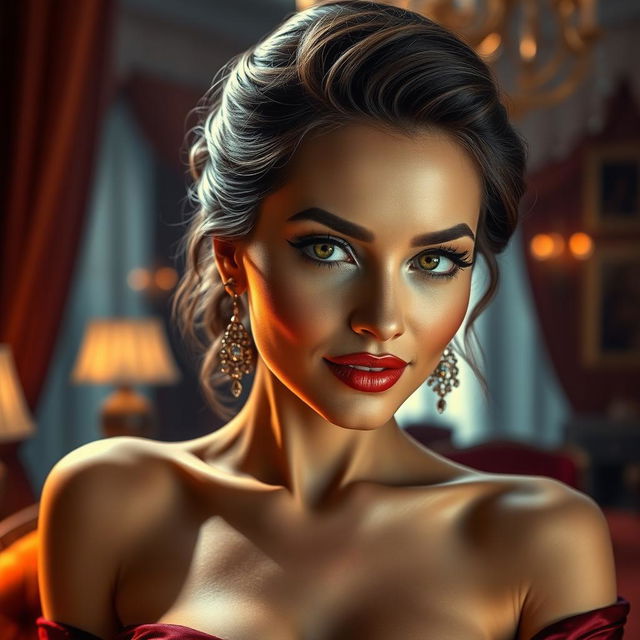 A highly detailed, artistic representation of a glamorous and confident woman with beautiful features reminiscent of a smiling actress, softly illuminated by warm lighting, showcasing an aura of elegance and allure in a luxurious environment