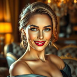 A highly detailed, artistic representation of a glamorous and confident woman with beautiful features reminiscent of a smiling actress, softly illuminated by warm lighting, showcasing an aura of elegance and allure in a luxurious environment