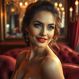 A highly detailed, artistic representation of a glamorous and confident woman with beautiful features reminiscent of a smiling actress, softly illuminated by warm lighting, showcasing an aura of elegance and allure in a luxurious environment