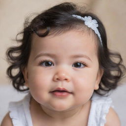 Enhance the previous baby image by adding the features like black wavy hair, small pointed nose, big brown eyes with long lashes, chubby cheeks and with fair white skin tone.