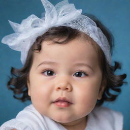 Enhance the previous baby image by adding the features like black wavy hair, small pointed nose, big brown eyes with long lashes, chubby cheeks and with fair white skin tone.