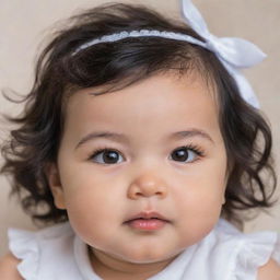 Enhance the previous baby image by adding the features like black wavy hair, small pointed nose, big brown eyes with long lashes, chubby cheeks and with fair white skin tone.