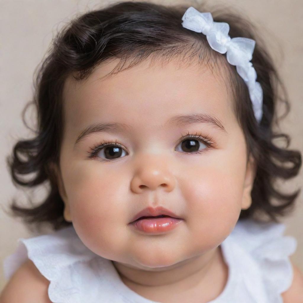 Enhance the previous baby image by adding the features like black wavy hair, small pointed nose, big brown eyes with long lashes, chubby cheeks and with fair white skin tone.