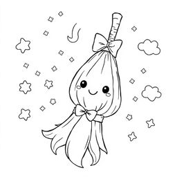 A kawaii-style coloring page featuring an adorable witch's broom