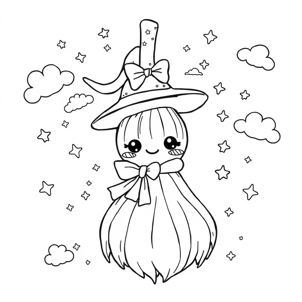 A kawaii-style coloring page featuring an adorable witch's broom