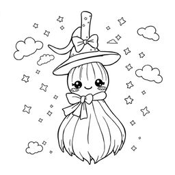 A kawaii-style coloring page featuring an adorable witch's broom