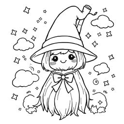 A kawaii-style coloring page featuring an adorable witch's broom