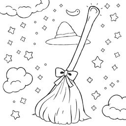 A kawaii-style coloring page featuring an adorable witch's broom