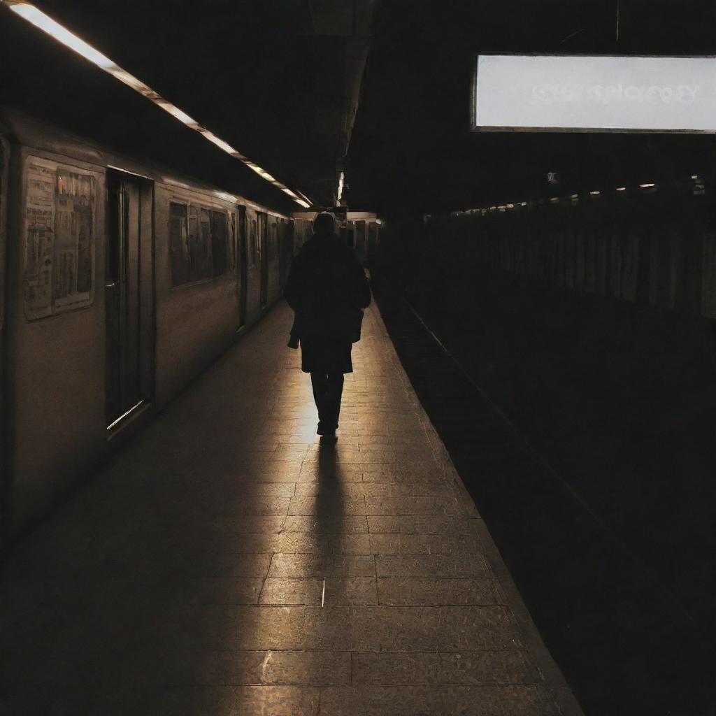 A lone individual forgotten on the platform of a bustling city subway station, seen in the afterglow of passing trains.