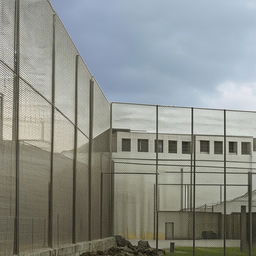 A maximum-security penitentiary designed with imposing stone walls, high-security fencing, and advanced surveillance technology.