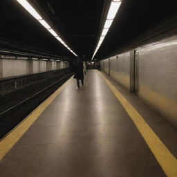 A lone individual forgotten on the platform of a bustling city subway station, seen in the afterglow of passing trains.