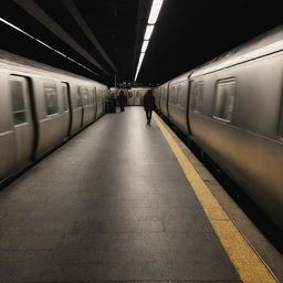 A lone individual forgotten on the platform of a bustling city subway station, seen in the afterglow of passing trains.