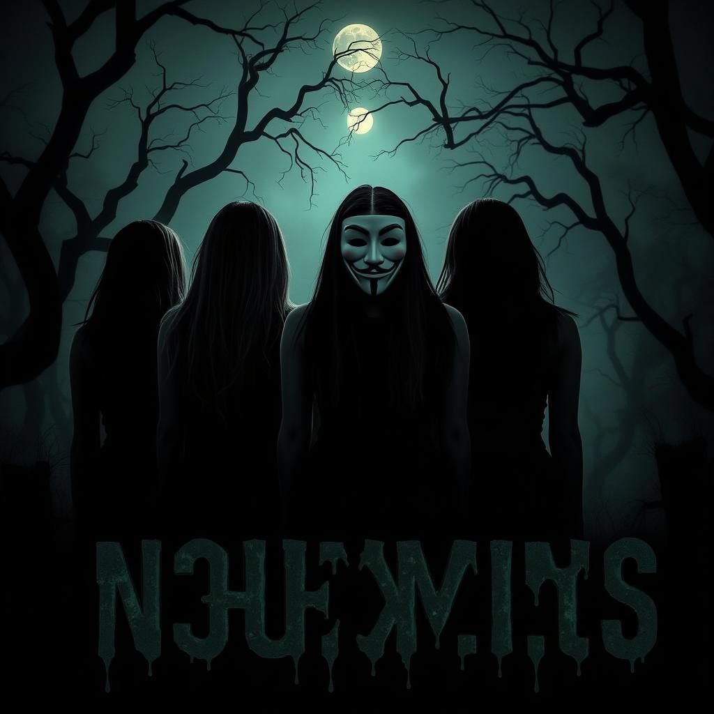 A horror movie poster featuring four girls seen from behind, one of them wearing an Anonymous mask