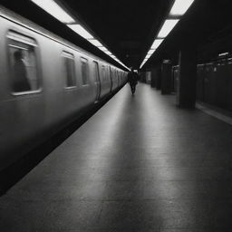 A lone individual forgotten on the platform of a bustling city subway station, seen in the afterglow of passing trains.