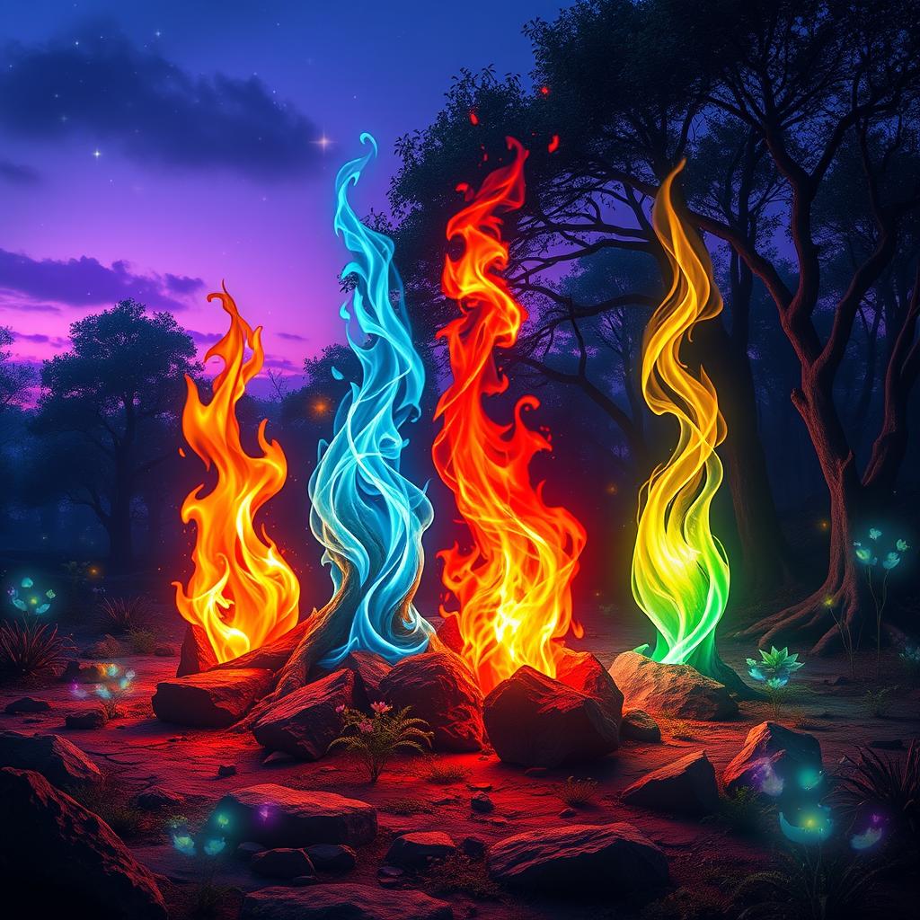 A magical scene set in the realm of Ignaris, where four vibrant flames coexist