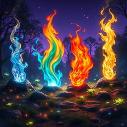 A magical scene set in the realm of Ignaris, where four vibrant flames coexist