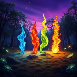 A magical scene set in the realm of Ignaris, where four vibrant flames coexist