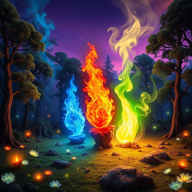 A magical scene set in the realm of Ignaris, where four vibrant flames coexist