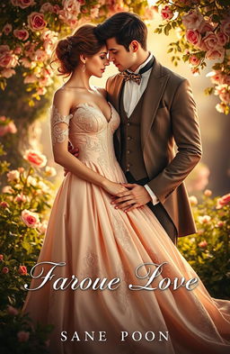 A romantic and alluring cover design for a costume erotic love novel, featuring an elegant couple in vintage-inspired attire