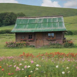 A Ghibli-inspired wooden shack in an expansive, green field spotted with vibrant flowers. The shack cozy enough to accommodate two teenagers and one child.