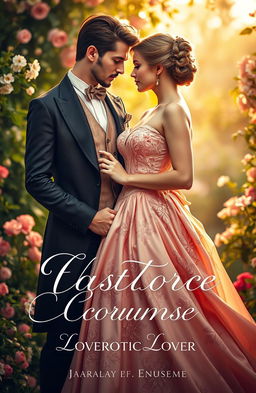 A romantic and alluring cover design for a costume erotic love novel, featuring an elegant couple in vintage-inspired attire