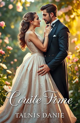 A romantic and alluring cover design for a costume erotic love novel, featuring an elegant couple in vintage-inspired attire