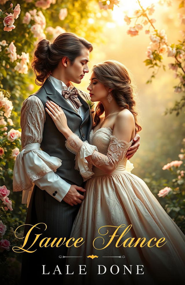 A romantic and alluring cover design for a costume erotic love novel, featuring an elegant couple in vintage-inspired attire