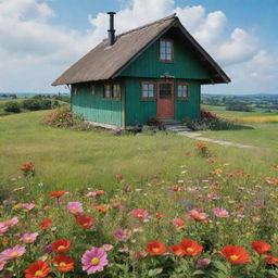 A Ghibli-inspired wooden shack in an expansive, green field spotted with vibrant flowers. The shack cozy enough to accommodate two teenagers and one child.