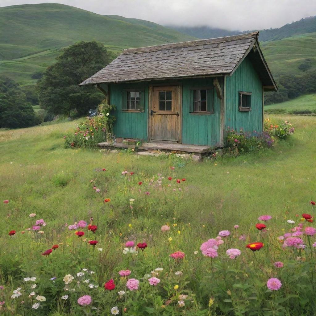 A Ghibli-inspired wooden shack in an expansive, green field spotted with vibrant flowers. The shack cozy enough to accommodate two teenagers and one child.