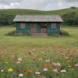 A Ghibli-inspired wooden shack in an expansive, green field spotted with vibrant flowers. The shack cozy enough to accommodate two teenagers and one child.